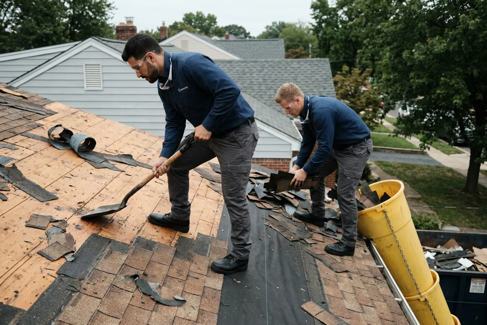 i4improvements technicians tearing off and replacing a roof down to the deck on an Arlington home.