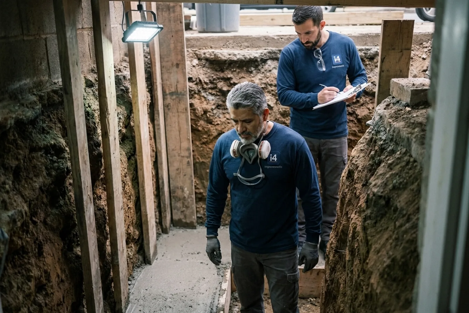 Basement underpinning — i4improvements technicians inside a freshly underpinned D.C. rowhouse basement pit.
