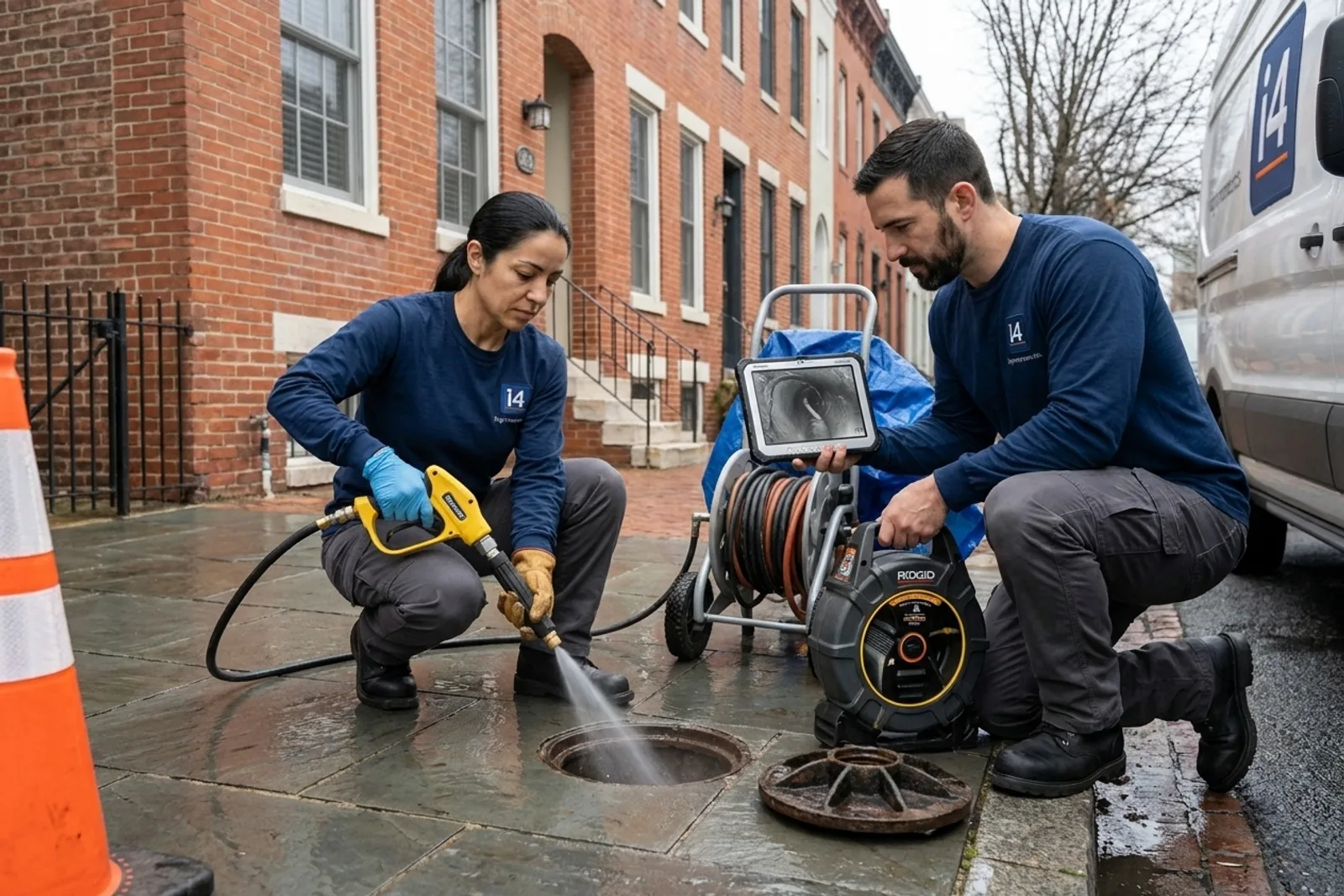 Hydro-jet drain cleaning — i4improvements technicians clearing a sewer line in front of a Capitol Hill rowhouse.
