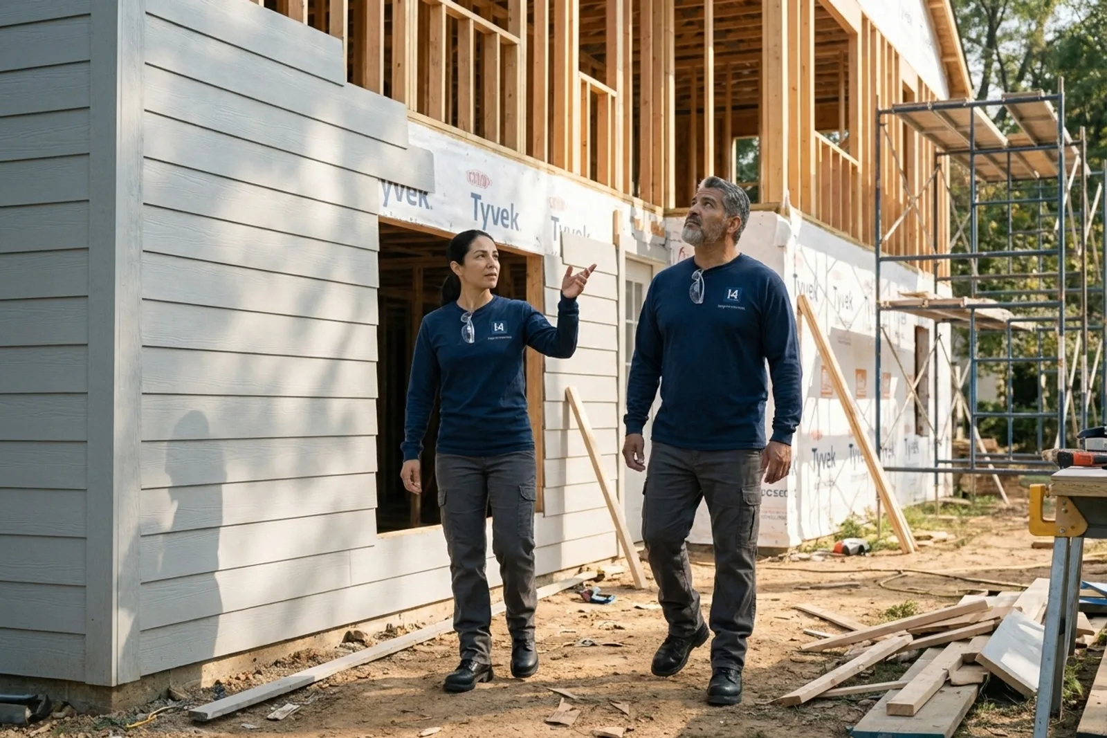 Home addition construction — i4improvements technicians inspecting a vertical pop-up addition on a Fairfax property.