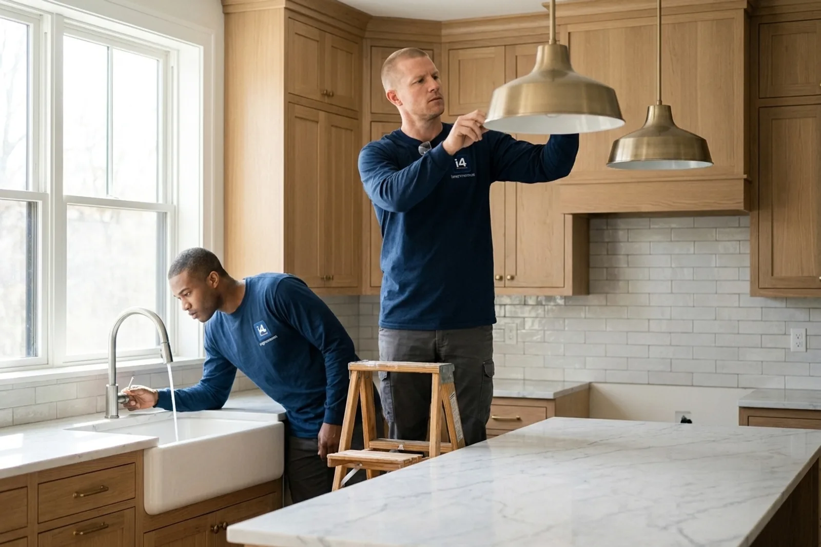 Luxury kitchen remodel — i4improvements technicians installing a brushed-brass pendant over a marble island in a Georgetown kitchen.