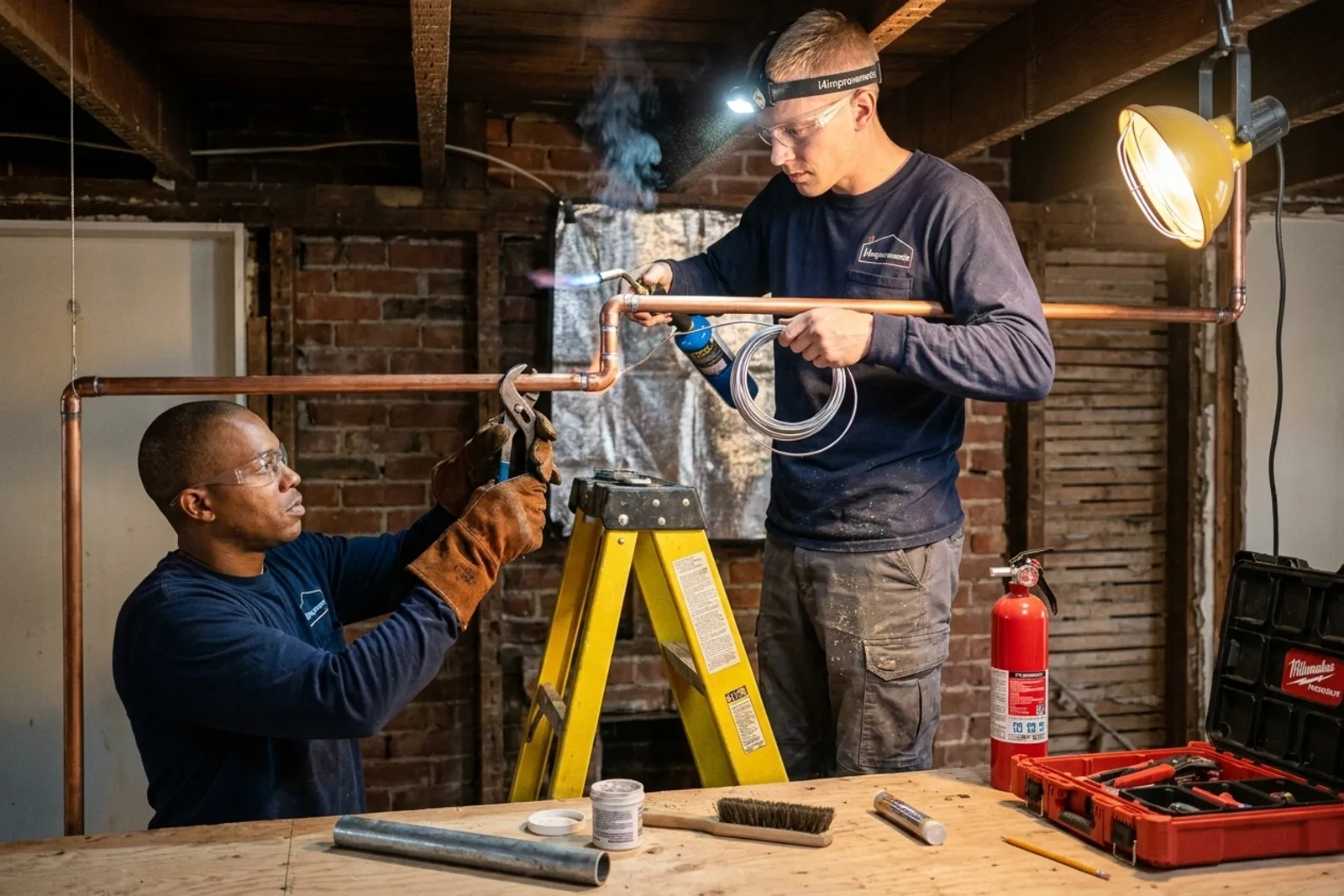 Whole-home repiping — i4improvements technicians soldering copper supply lines inside an exposed D.C. rowhouse ceiling.