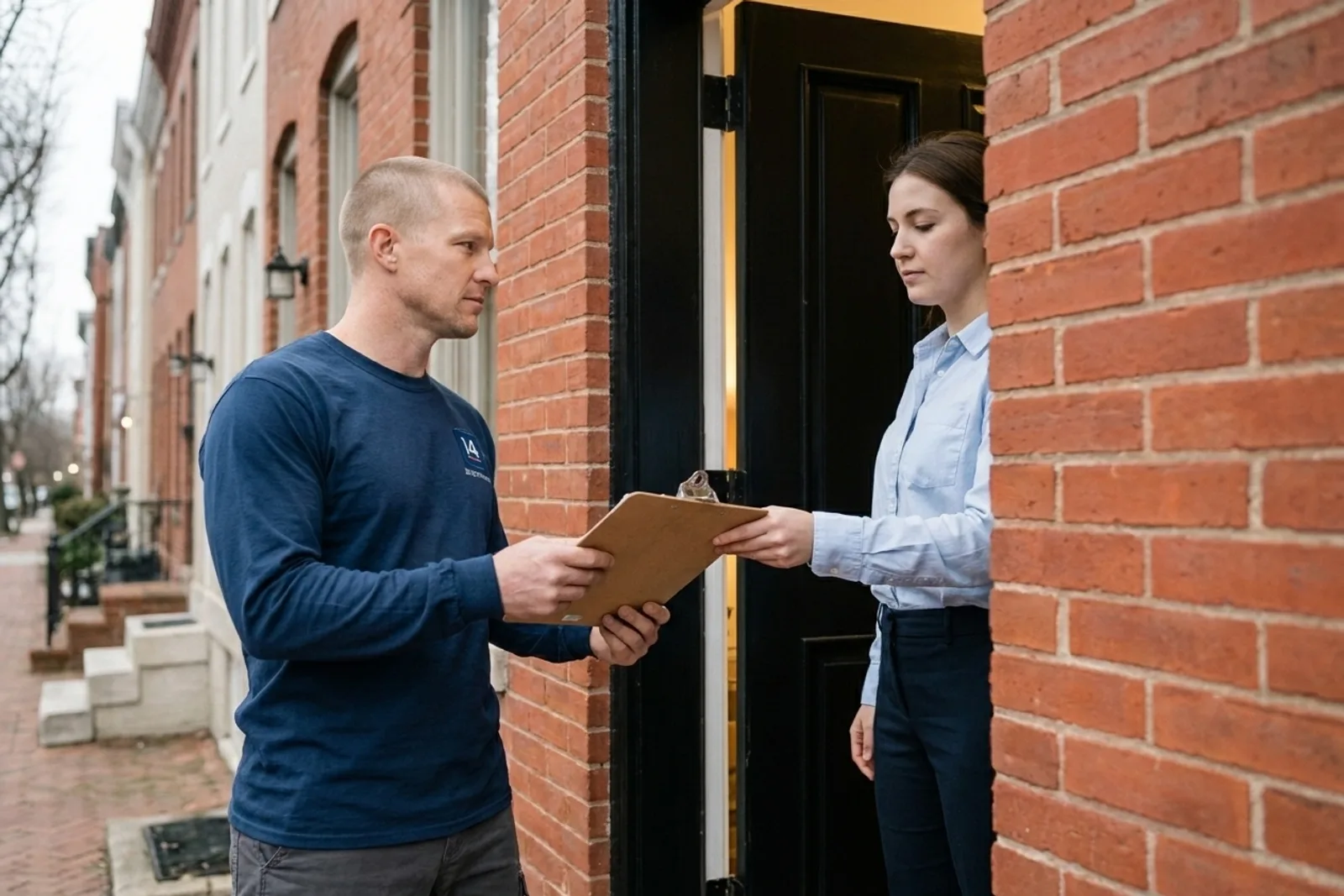 Tenant screening and listing — i4improvements technician handing a screening form to a prospective tenant at a D.C. rowhouse rental.