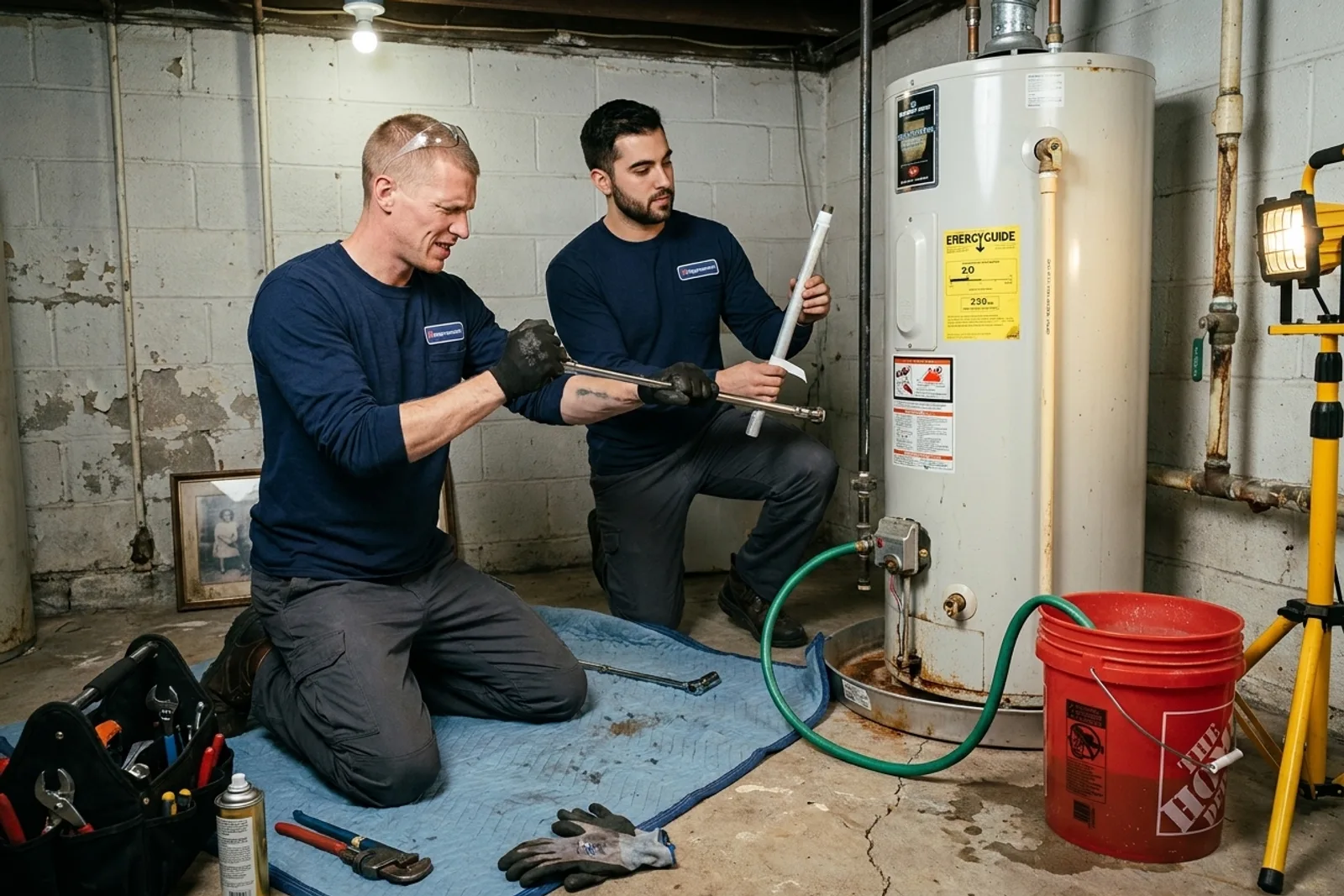 Water heater repair — i4improvements technicians replacing an anode rod on a tank heater in a Washington D.C. basement.